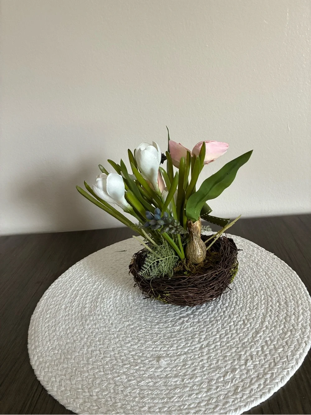 Pink & White Tulip Nest Arrangement with Green Ribbon - Home Accents